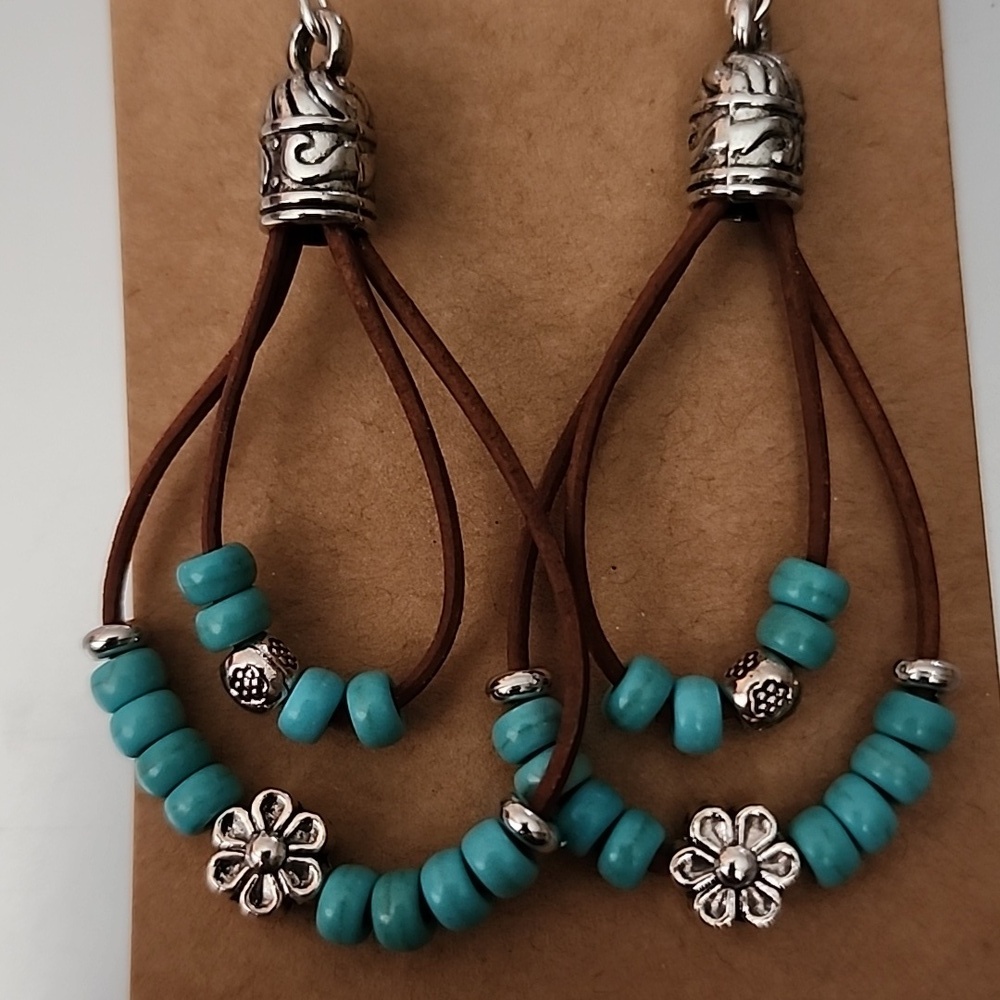 Natural Turquoise Beaded leather Dangle Boho Earrings - Picture 2 of 5